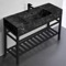 Modern Console Sink Vanity, Black Marble Style Sink, 48 Inch, Black Metal Stand